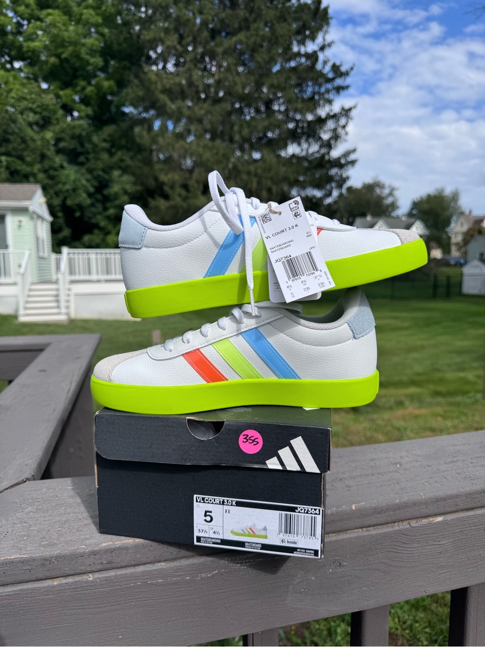 adidas White Sneakers with Neon Green Sole and Multicolor Stripes